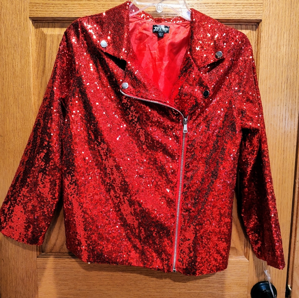 NWT JoJo's Closet Girls XL (14-16)Sequin Red Moto Jacket, Silver Accents